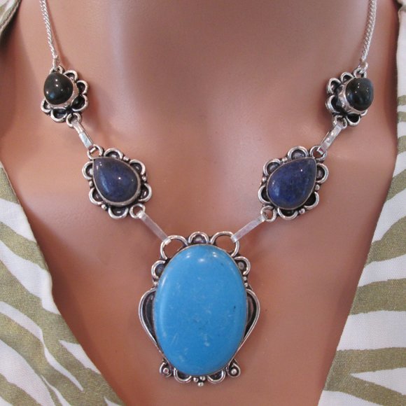 TURQUOISE NATURAL PERSIAN GEMSTONE LADIES  925 STERLING SILVER NECKLACE EARRING - Picture 6 of 9